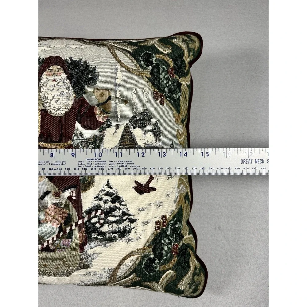 Christmas Tapestry Throw Pillow Old World Santa Snow Tree Red Velvet 14